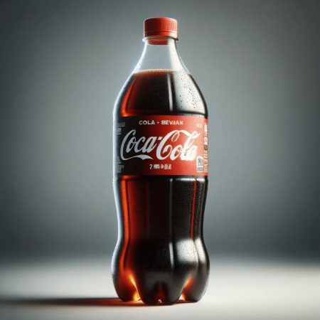 DALL·E 2023-12-09 08.29.54 - A realistic image of a 2-liter PET plastic bottle of a popular cola beverage, resembling Coca-Cola. The bottle is dark, showcasing the caramel color o